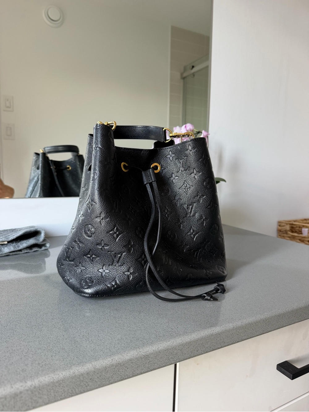 Louis Vuitton Black Embossed Monogram Drawstring Bucket Bag